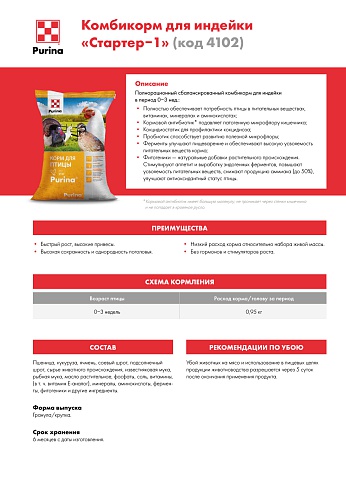 Комбикорм Purina® для индейки Стартер-1 от 0 - 3 недель, 25 кг