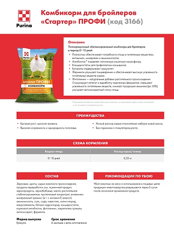 Комбикорм Purina® для бройлеров Стартер ПРОФИ от 0 - 10 дней (протеин 22,5%), 10 кг
